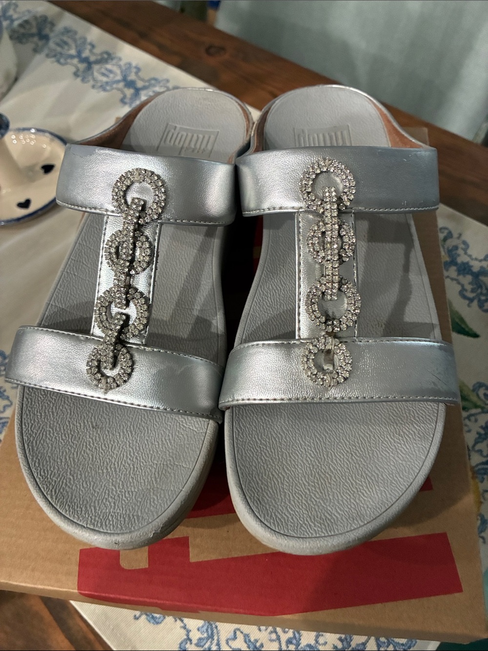 FitFlop Silver Crystal-Chain Slide Sandals for Women